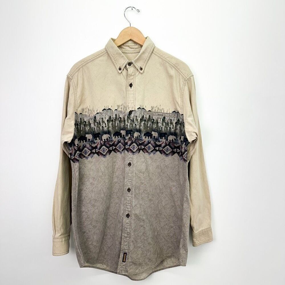 Woolrich Men’s Bear Mountain Printed Turkish Tan Flannel Button Down Casual Shir